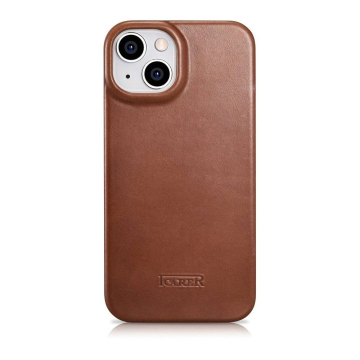 iCarer CE Oil Wax Premium Leather Folio dėklas iPhone 14 Plus , magnetinis atverčiamasis dėklas MagSafe , rudos spalvos (AKI1422