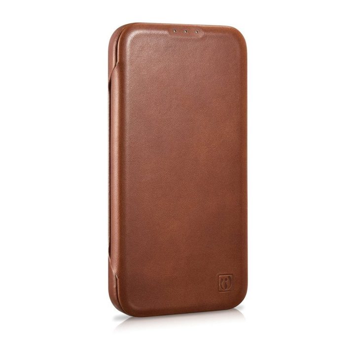 iCarer CE Oil Wax Premium Leather Folio dėklas iPhone 14 Plus , magnetinis atverčiamasis dėklas MagSafe , rudos spalvos (AKI1422