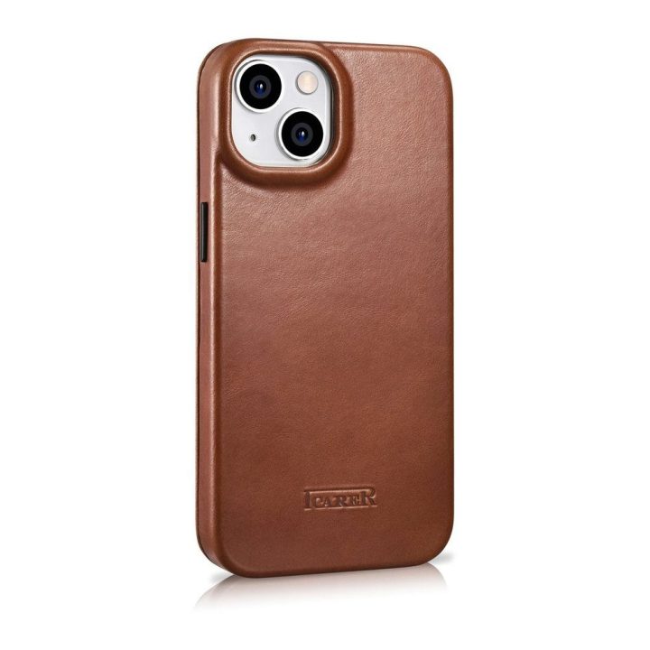 iCarer CE Oil Wax Premium Leather Folio dėklas iPhone 14 Plus , magnetinis atverčiamasis dėklas MagSafe , rudos spalvos (AKI1422