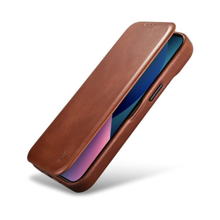 iCarer CE Oil Wax Premium Leather Folio dėklas iPhone 14 Plus , magnetinis atverčiamasis dėklas MagSafe , rudos spalvos (AKI1422
