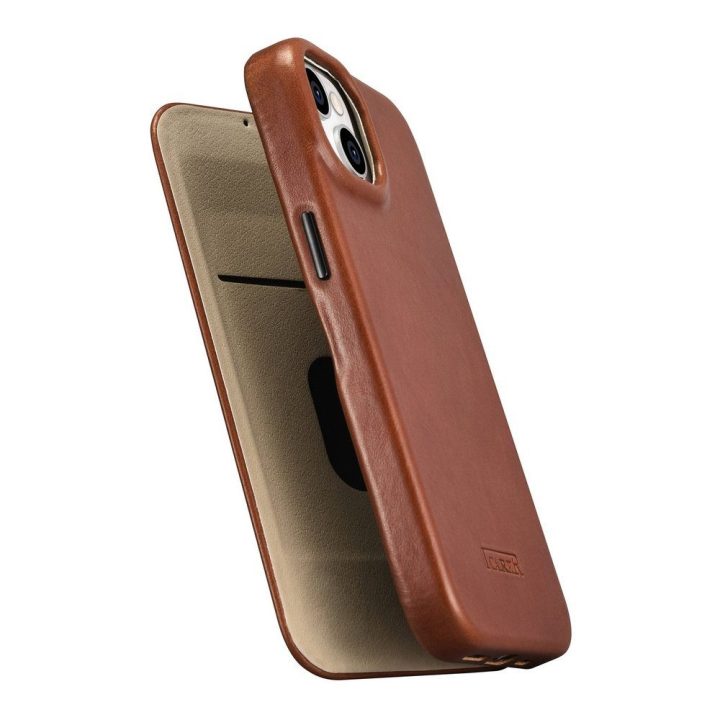 iCarer CE Oil Wax Premium Leather Folio dėklas iPhone 14 Plus , magnetinis atverčiamasis dėklas MagSafe , rudos spalvos (AKI1422