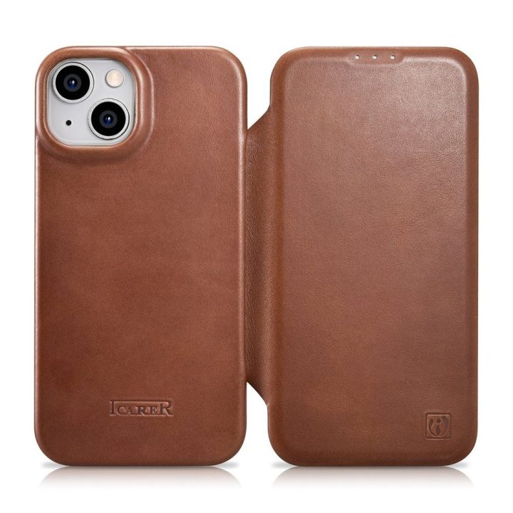 iCarer CE Oil Wax Premium Leather Folio dėklas iPhone 14 Plus , magnetinis atverčiamasis dėklas MagSafe , rudos spalvos (AKI1422