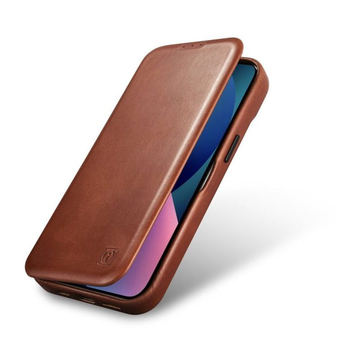 iCarer CE Oil Wax Premium Leather Folio dėklas iPhone 14 Plus , magnetinis atverčiamasis dėklas MagSafe , rudos spalvos (AKI1422