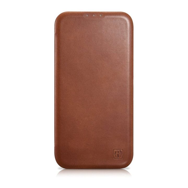 iCarer CE Oil Wax Premium Leather Folio dėklas iPhone 14 Plus , magnetinis atverčiamasis dėklas MagSafe , rudos spalvos (AKI1422