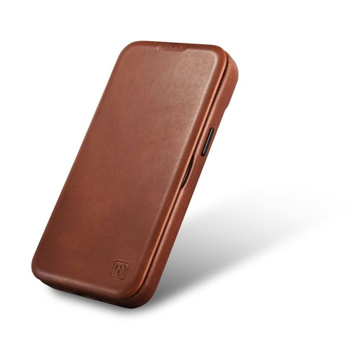 iCarer CE Oil Wax Premium Leather Folio dėklas iPhone 14 Plus , magnetinis atverčiamasis dėklas MagSafe , rudos spalvos (AKI1422
