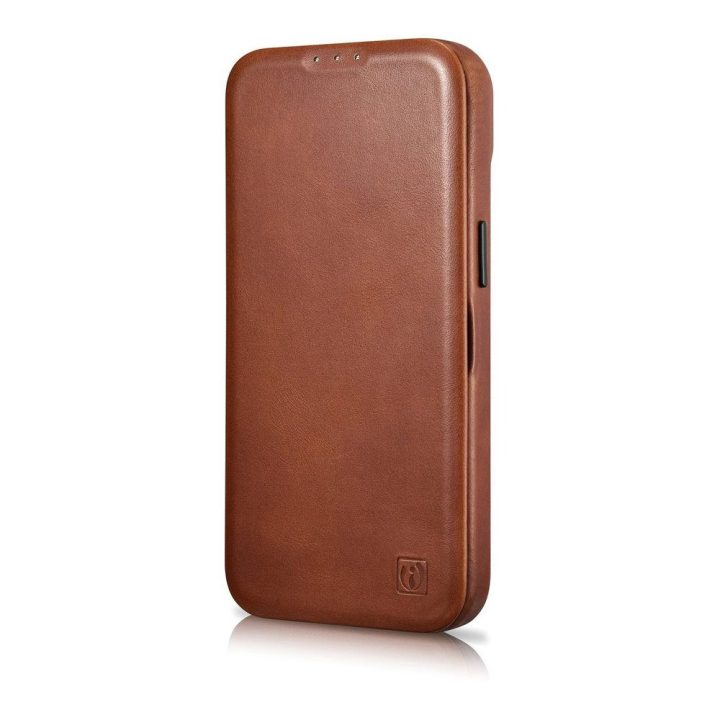 iCarer CE Oil Wax Premium Leather Folio dėklas iPhone 14 Plus , magnetinis atverčiamasis dėklas MagSafe , rudos spalvos (AKI1422