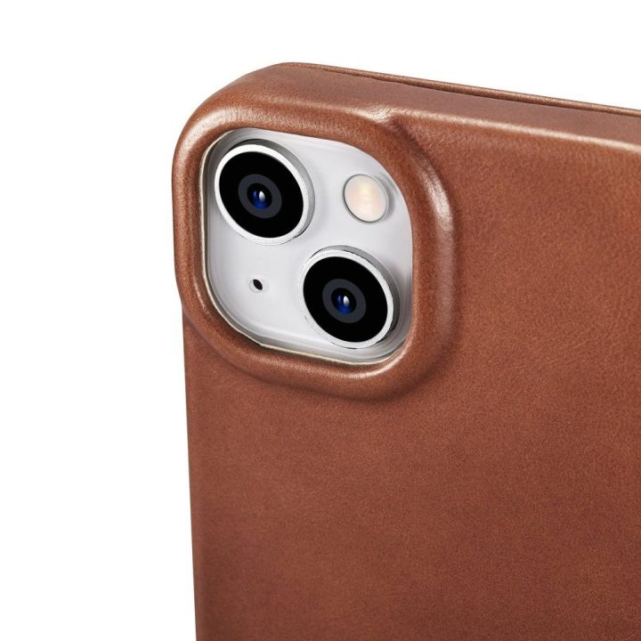 iCarer CE Oil Wax Premium Leather Folio dėklas iPhone 14 Plus , magnetinis atverčiamasis dėklas MagSafe , rudos spalvos (AKI1422