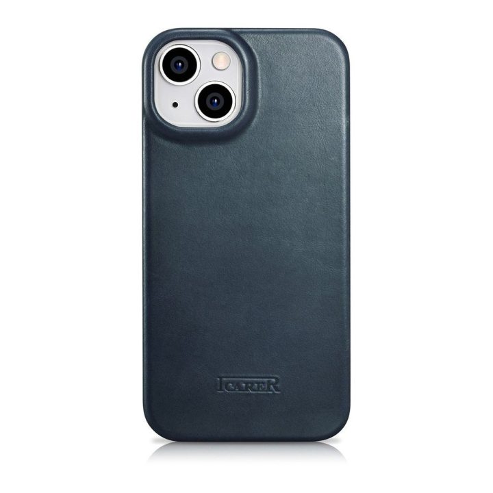 iCarer CE Oil Wax Premium Leather Folio dėklas iPhone 14 Plus , magnetinis atverčiamasis dėklas MagSafe , mėlynas (AKI14220707-B