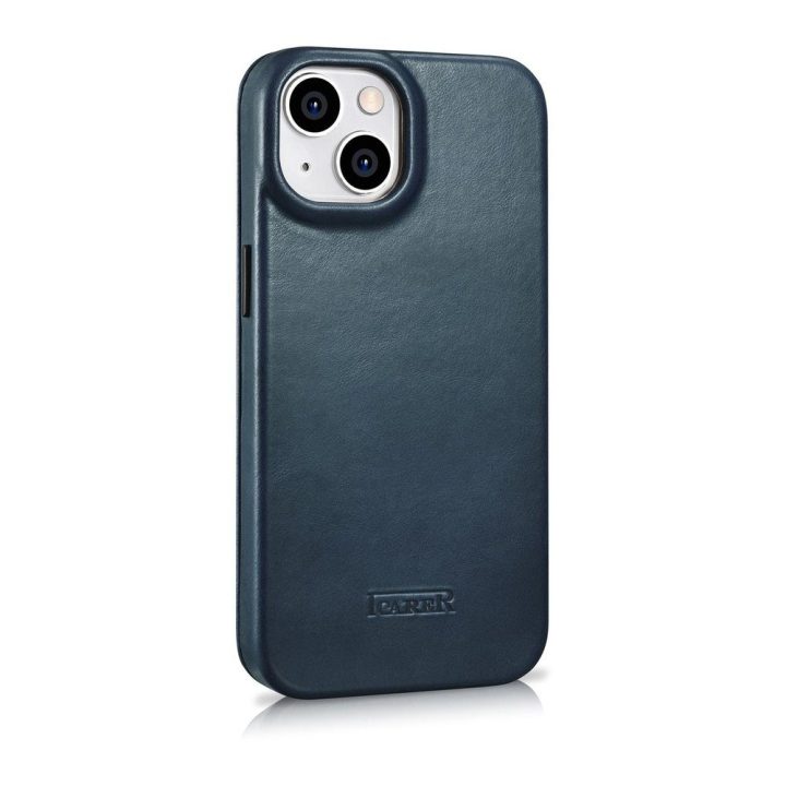 iCarer CE Oil Wax Premium Leather Folio dėklas iPhone 14 Plus , magnetinis atverčiamasis dėklas MagSafe , mėlynas (AKI14220707-B
