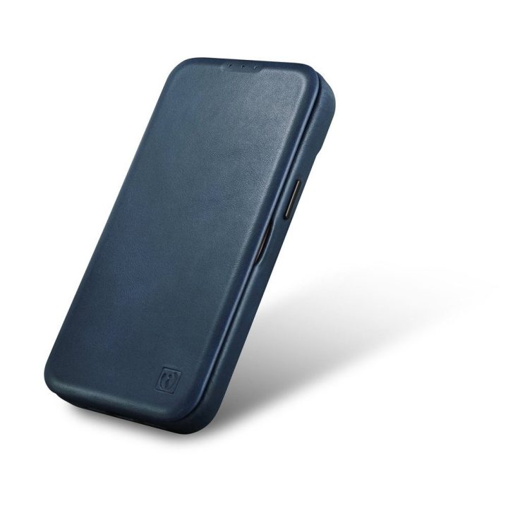 iCarer CE Oil Wax Premium Leather Folio dėklas iPhone 14 Plus , magnetinis atverčiamasis dėklas MagSafe , mėlynas (AKI14220707-B