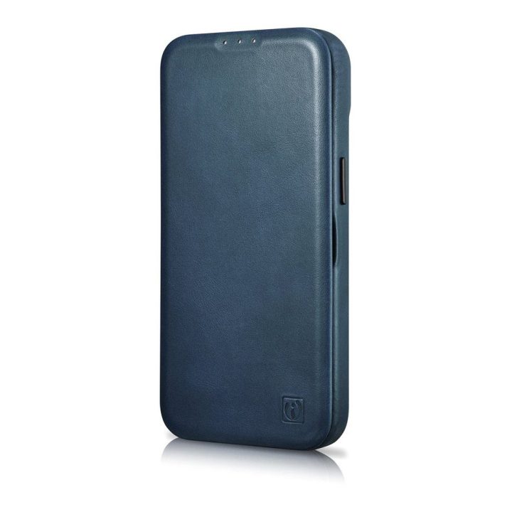iCarer CE Oil Wax Premium Leather Folio dėklas iPhone 14 Plus , magnetinis atverčiamasis dėklas MagSafe , mėlynas (AKI14220707-B