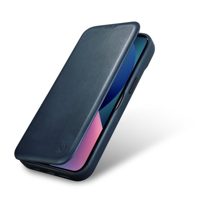 iCarer CE Oil Wax Premium Leather Folio dėklas iPhone 14 Plus , magnetinis atverčiamasis dėklas MagSafe , mėlynas (AKI14220707-B