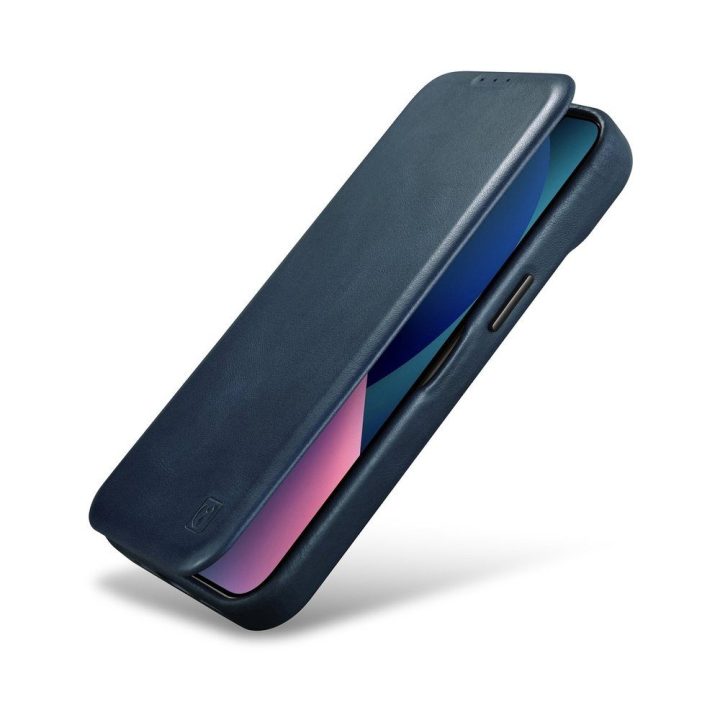 iCarer CE Oil Wax Premium Leather Folio dėklas iPhone 14 Plus , magnetinis atverčiamasis dėklas MagSafe , mėlynas (AKI14220707-B
