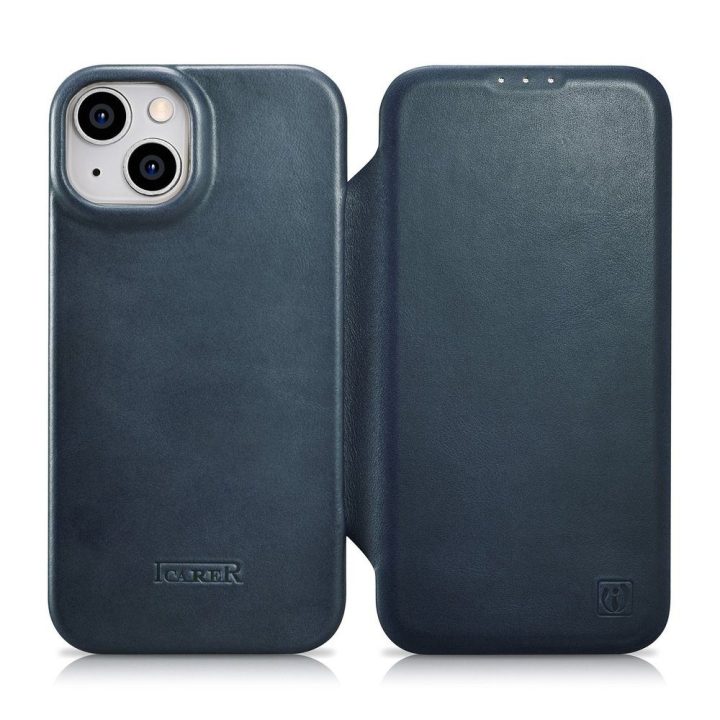iCarer CE Oil Wax Premium Leather Folio dėklas iPhone 14 Plus , magnetinis atverčiamasis dėklas MagSafe , mėlynas (AKI14220707-B