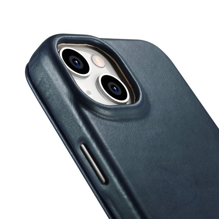 iCarer CE Oil Wax Premium Leather Folio dėklas iPhone 14 Plus , magnetinis atverčiamasis dėklas MagSafe , mėlynas (AKI14220707-B