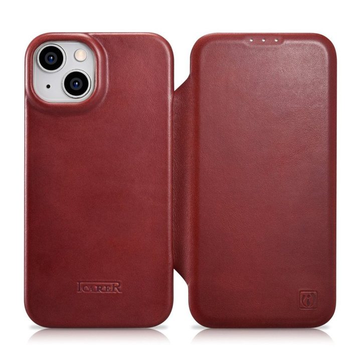 iCarer CE Oil Wax Premium Leather Folio dėklas iPhone 14 Plus , magnetinis atlenkiamas odinis dėklas MagSafe , raudonas (AKI1422