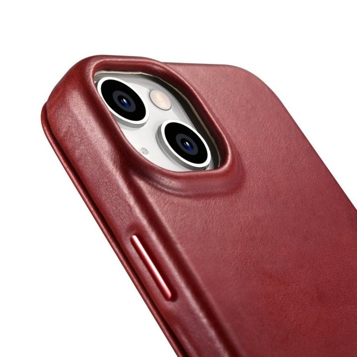 iCarer CE Oil Wax Premium Leather Folio dėklas iPhone 14 Plus , magnetinis atlenkiamas odinis dėklas MagSafe , raudonas (AKI1422