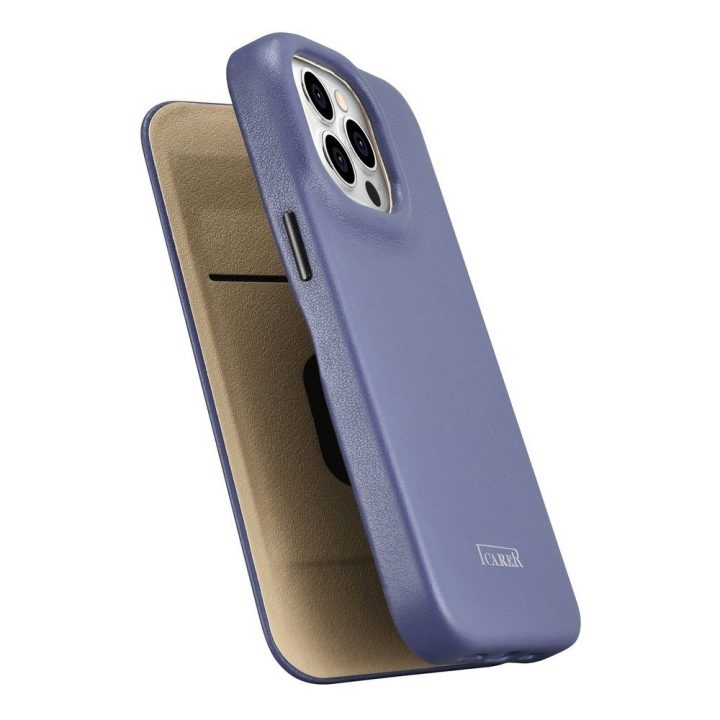 iCarer CE Premium Leather Folio dėklas iPhone 14 Pro Magnetinis atlenkiamas odinis Folio dėklas MagSafe Light Purple (WMI1422071