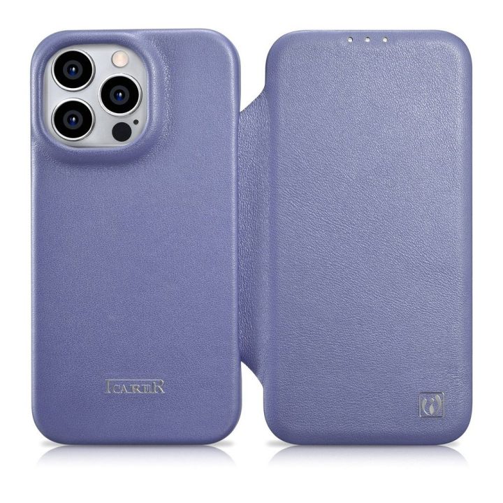 iCarer CE Premium Leather Folio dėklas iPhone 14 Pro Magnetinis atlenkiamas odinis Folio dėklas MagSafe Light Purple (WMI1422071