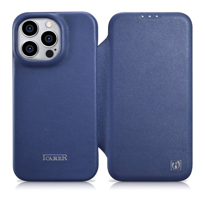 iCarer CE Premium Leather Folio dėklas iPhone 14 Pro Magnetinis atlenkiamas odinis Folio dėklas MagSafe Blue (WMI14220714-BU)