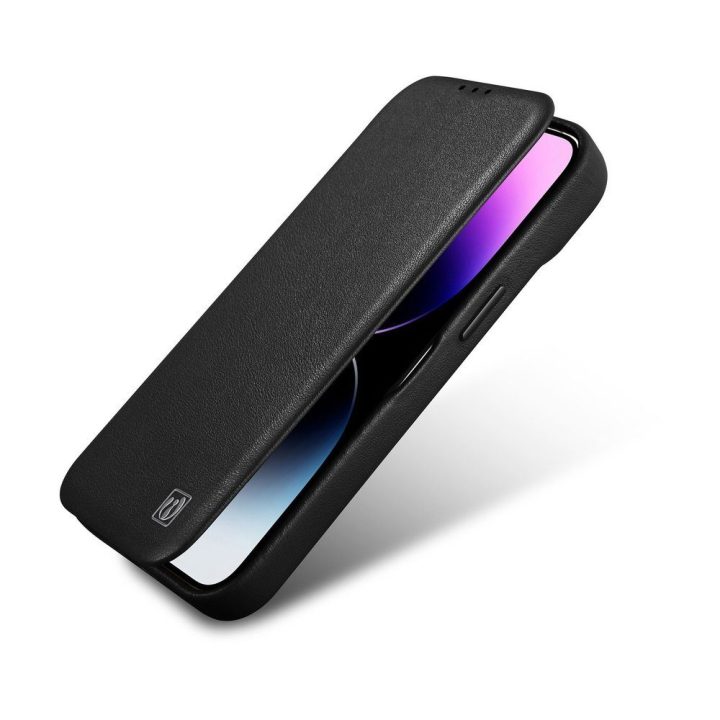 iCarer CE Premium Leather Folio dėklas iPhone 14 Plus , magnetinis atlenkiamas odinis dėklas MagSafe , juodas (WMI14220715-BK)