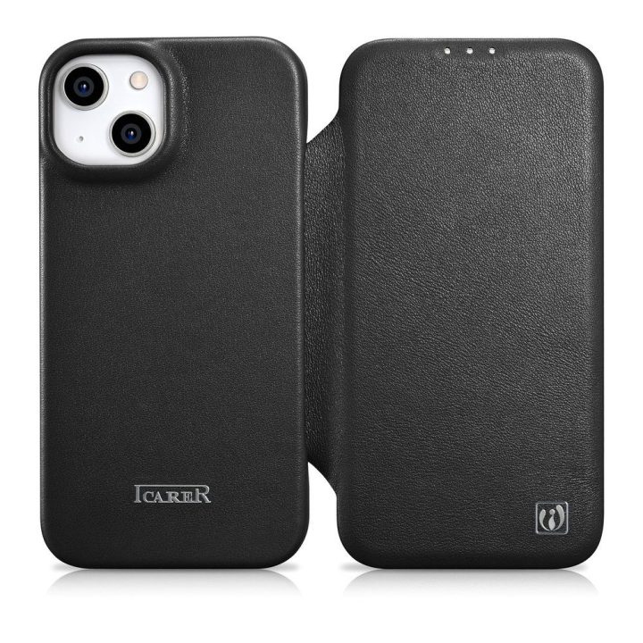 iCarer CE Premium Leather Folio dėklas iPhone 14 Plus , magnetinis atlenkiamas odinis dėklas MagSafe , juodas (WMI14220715-BK)