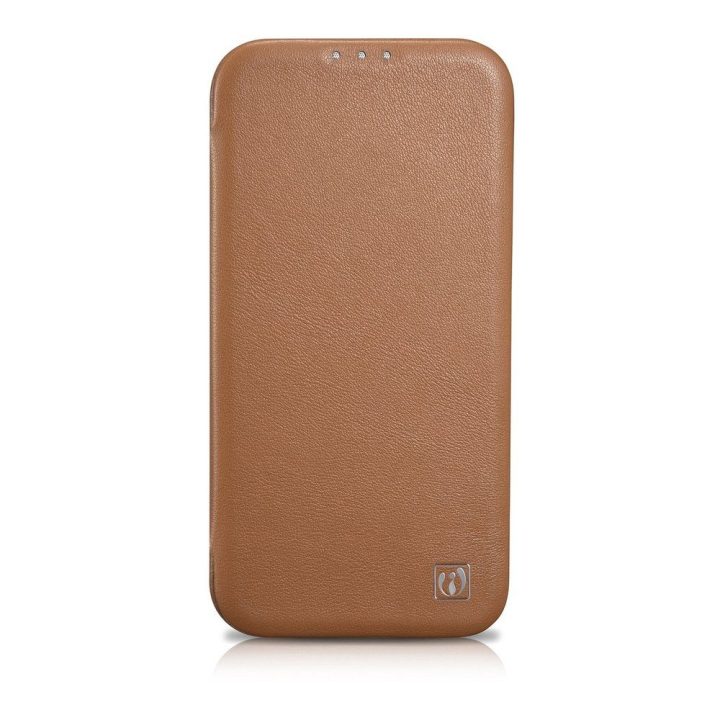 iCarer CE Premium Leather Folio dėklas iPhone 14 Plus , magnetinis atlenkiamas odinis dėklas Folio , MagSafe , rudos spalvos (WM