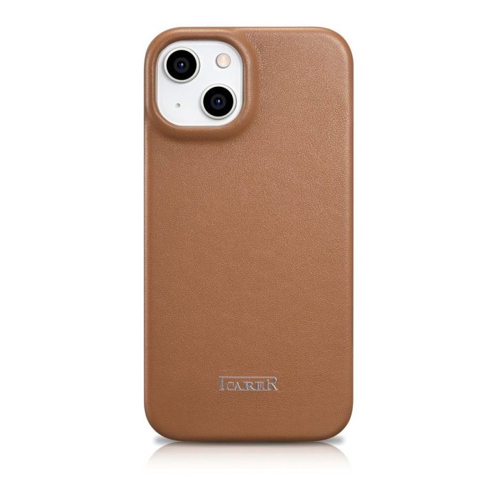 iCarer CE Premium Leather Folio dėklas iPhone 14 Plus , magnetinis atlenkiamas odinis dėklas Folio , MagSafe , rudos spalvos (WM