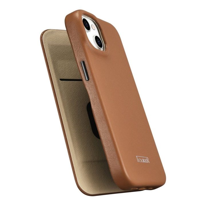 iCarer CE Premium Leather Folio dėklas iPhone 14 Plus , magnetinis atlenkiamas odinis dėklas Folio , MagSafe , rudos spalvos (WM
