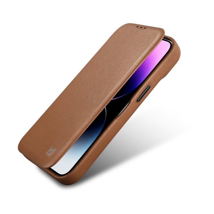 iCarer CE Premium Leather Folio dėklas iPhone 14 Plus , magnetinis atlenkiamas odinis dėklas Folio , MagSafe , rudos spalvos (WM