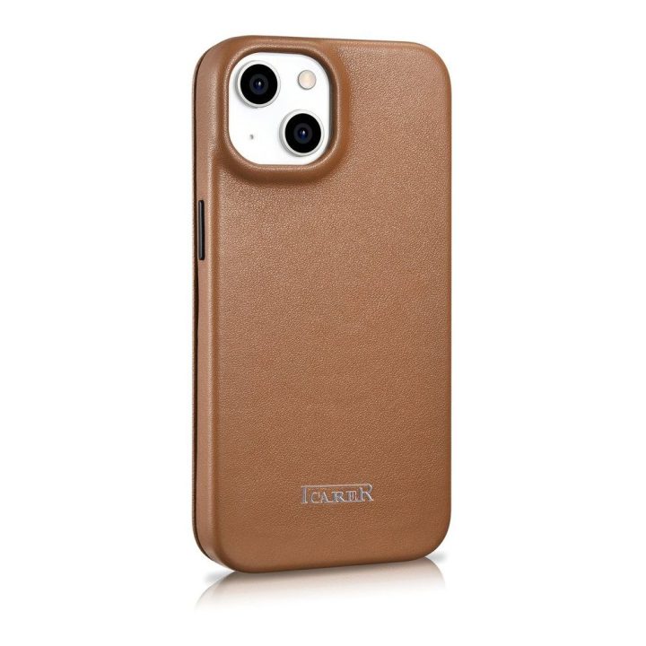 iCarer CE Premium Leather Folio dėklas iPhone 14 Plus , magnetinis atlenkiamas odinis dėklas Folio , MagSafe , rudos spalvos (WM