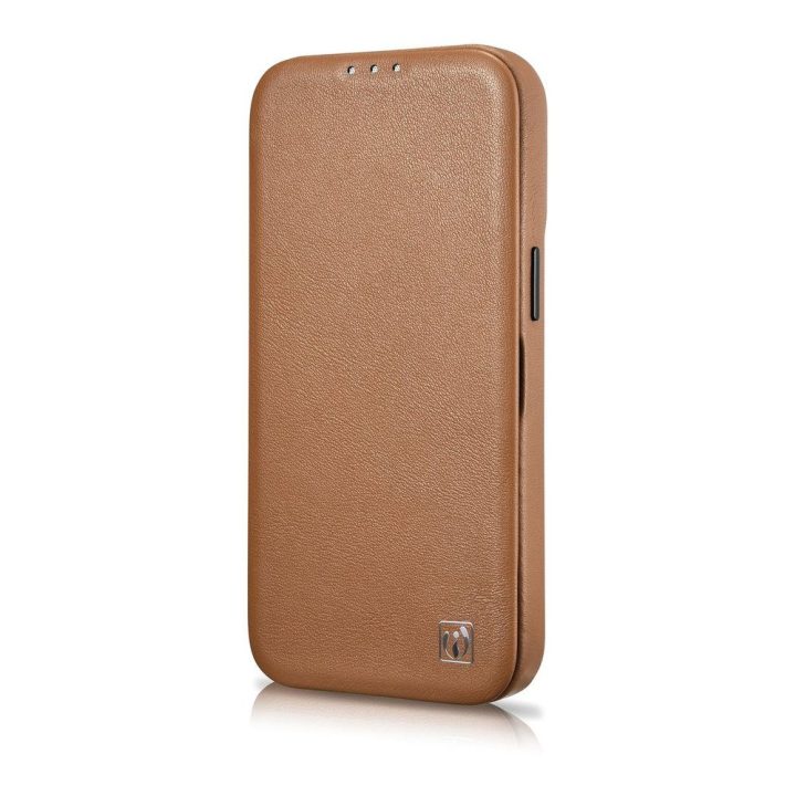 iCarer CE Premium Leather Folio dėklas iPhone 14 Plus , magnetinis atlenkiamas odinis dėklas Folio , MagSafe , rudos spalvos (WM