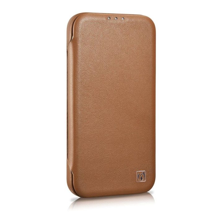 iCarer CE Premium Leather Folio dėklas iPhone 14 Plus , magnetinis atlenkiamas odinis dėklas Folio , MagSafe , rudos spalvos (WM