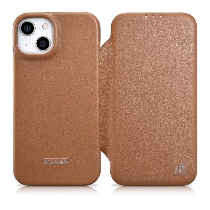 iCarer CE Premium Leather Folio dėklas iPhone 14 Plus , magnetinis atlenkiamas odinis dėklas Folio , MagSafe , rudos spalvos (WM