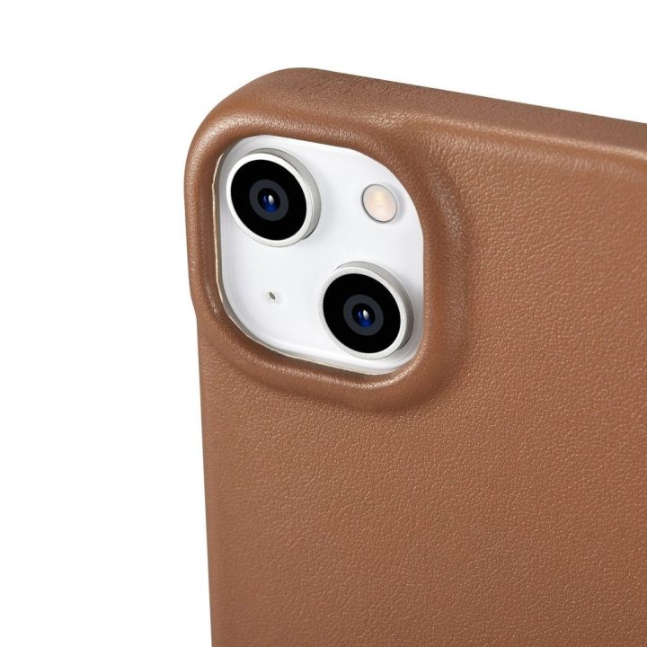 iCarer CE Premium Leather Folio dėklas iPhone 14 Plus , magnetinis atlenkiamas odinis dėklas Folio , MagSafe , rudos spalvos (WM