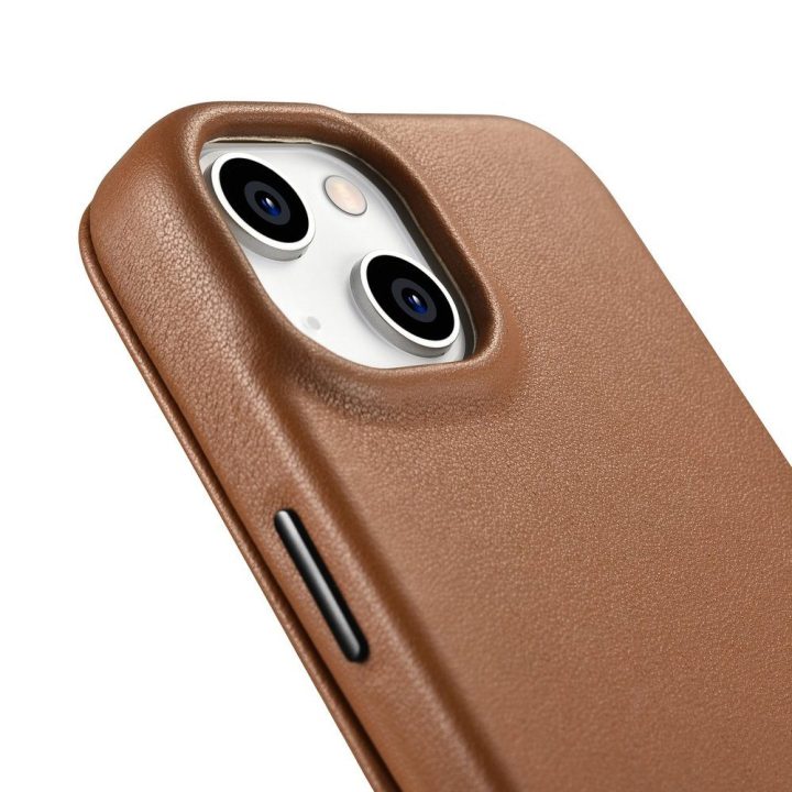 iCarer CE Premium Leather Folio dėklas iPhone 14 Plus , magnetinis atlenkiamas odinis dėklas Folio , MagSafe , rudos spalvos (WM