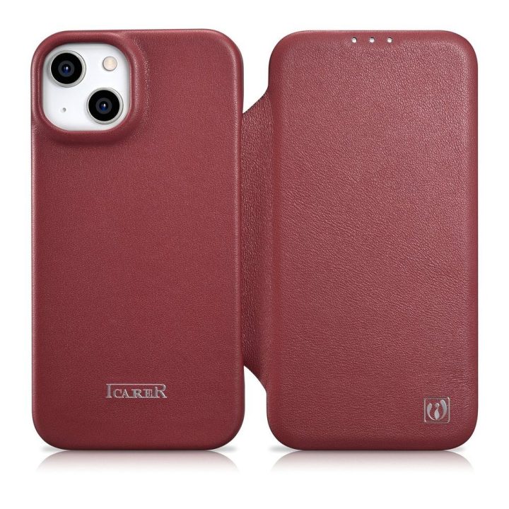iCarer CE Premium Leather Folio dėklas iPhone 14 Plus , magnetinis atlenkiamas odinis dėklas MagSafe , raudonas (WMI14220715-RD)