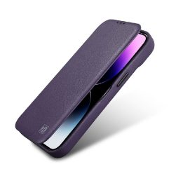 iCarer CE Premium odinis dėklas iPhone 14 Plus su magnetiniu atlenkiamuoju odiniu dėklu Folio , MagSafe , tamsiai violetinės spa