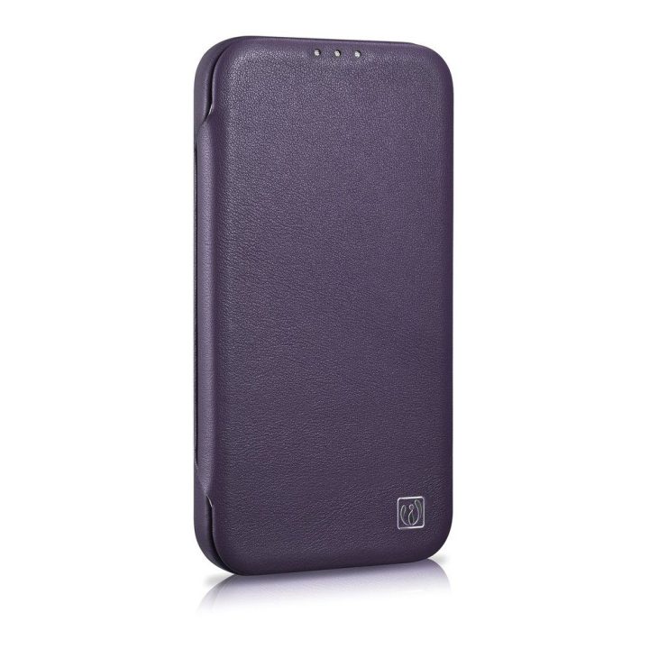 iCarer CE Premium odinis dėklas iPhone 14 Plus su magnetiniu atlenkiamuoju odiniu dėklu Folio , MagSafe , tamsiai violetinės spa