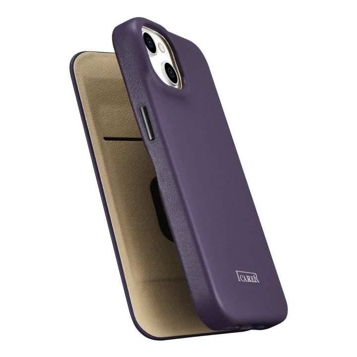 iCarer CE Premium odinis dėklas iPhone 14 Plus su magnetiniu atlenkiamuoju odiniu dėklu Folio , MagSafe , tamsiai violetinės spa