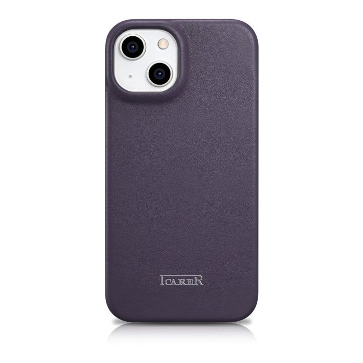 iCarer CE Premium odinis dėklas iPhone 14 Plus su magnetiniu atlenkiamuoju odiniu dėklu Folio , MagSafe , tamsiai violetinės spa
