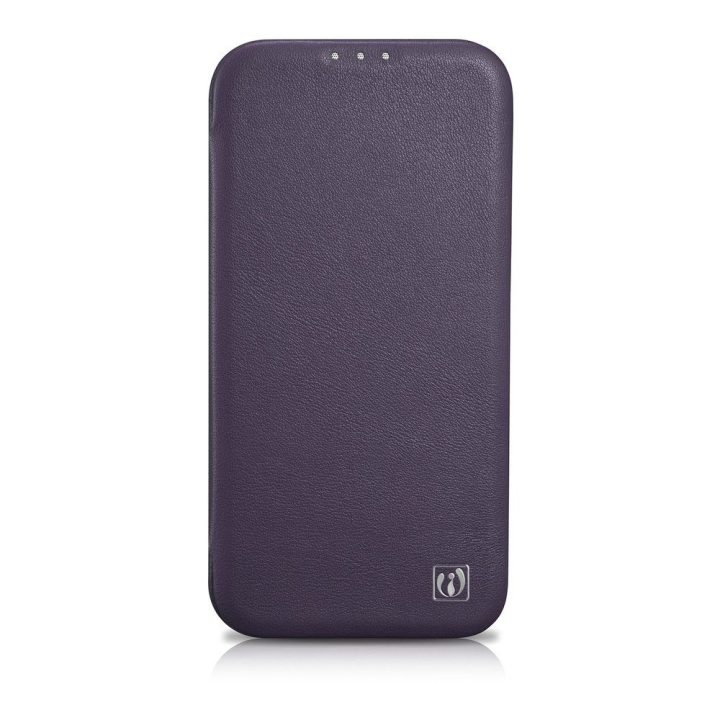 iCarer CE Premium odinis dėklas iPhone 14 Plus su magnetiniu atlenkiamuoju odiniu dėklu Folio , MagSafe , tamsiai violetinės spa