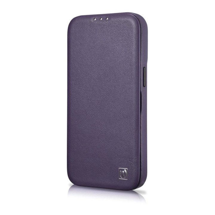 iCarer CE Premium odinis dėklas iPhone 14 Plus su magnetiniu atlenkiamuoju odiniu dėklu Folio , MagSafe , tamsiai violetinės spa