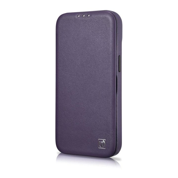 iCarer CE Premium odinis dėklas iPhone 14 Plus su magnetiniu atlenkiamuoju odiniu dėklu Folio , MagSafe , tamsiai violetinės spa