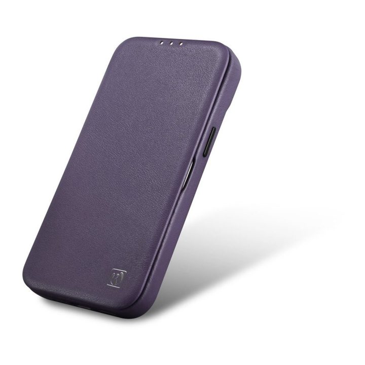 iCarer CE Premium odinis dėklas iPhone 14 Plus su magnetiniu atlenkiamuoju odiniu dėklu Folio , MagSafe , tamsiai violetinės spa