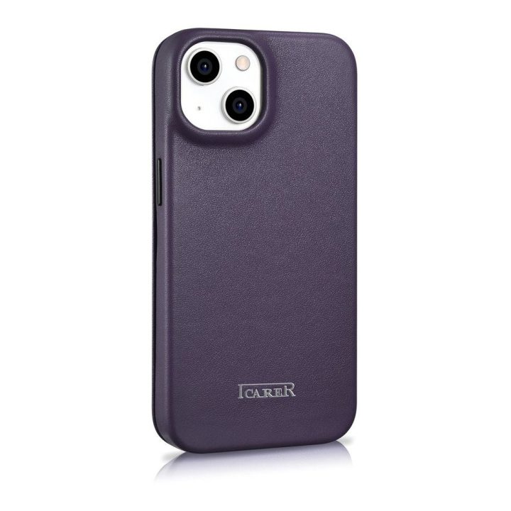 iCarer CE Premium odinis dėklas iPhone 14 Plus su magnetiniu atlenkiamuoju odiniu dėklu Folio , MagSafe , tamsiai violetinės spa