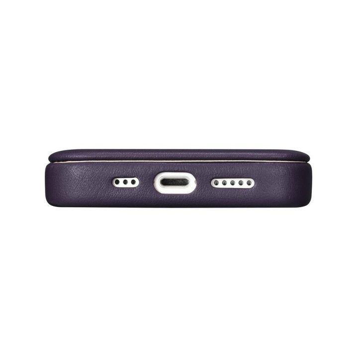 iCarer CE Premium odinis dėklas iPhone 14 Plus su magnetiniu atlenkiamuoju odiniu dėklu Folio , MagSafe , tamsiai violetinės spa