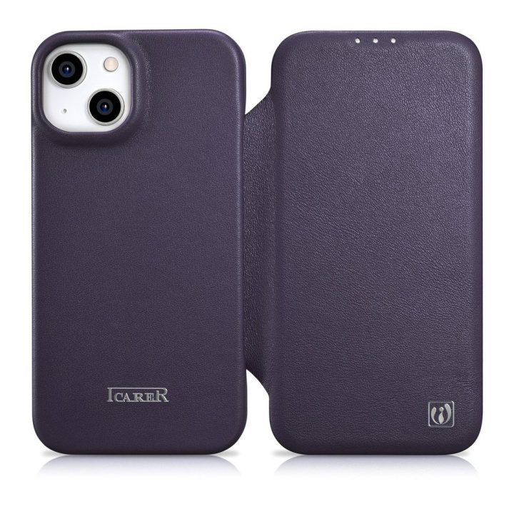 iCarer CE Premium odinis dėklas iPhone 14 Plus su magnetiniu atlenkiamuoju odiniu dėklu Folio , MagSafe , tamsiai violetinės spa