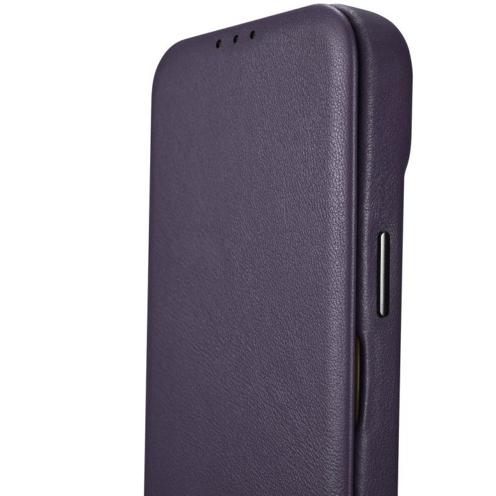 iCarer CE Premium odinis dėklas iPhone 14 Plus su magnetiniu atlenkiamuoju odiniu dėklu Folio , MagSafe , tamsiai violetinės spa