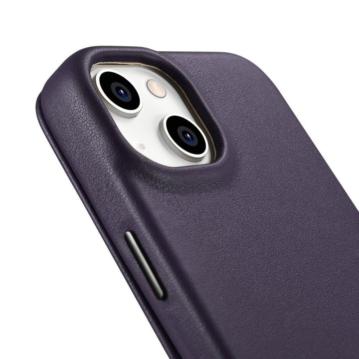 iCarer CE Premium odinis dėklas iPhone 14 Plus su magnetiniu atlenkiamuoju odiniu dėklu Folio , MagSafe , tamsiai violetinės spa